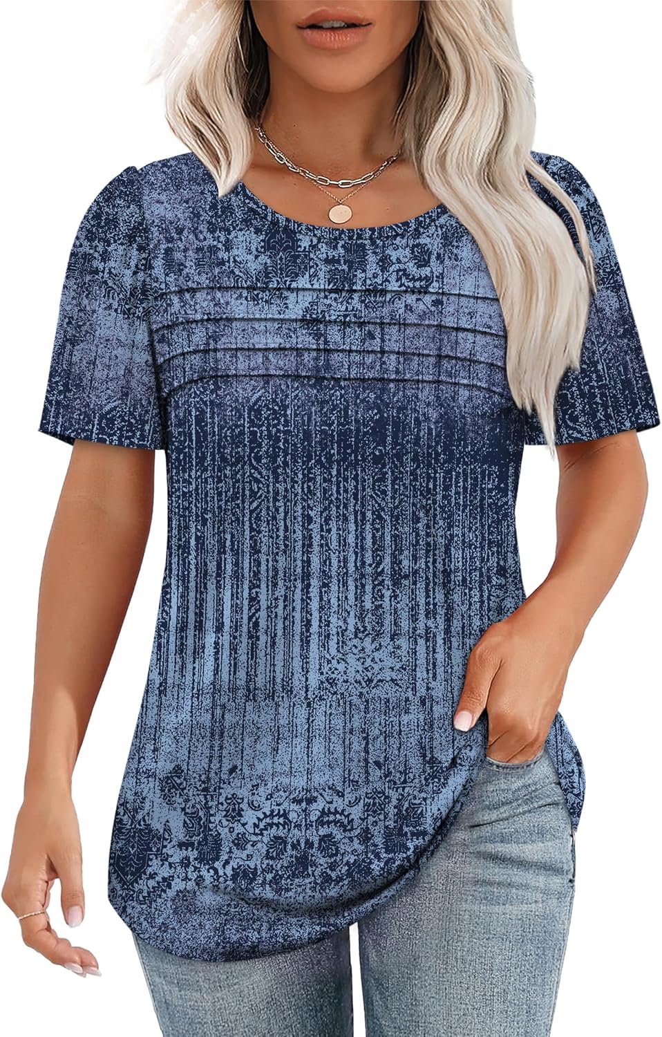Womens T Shirts Short Sleeve Tops Dressy Casual Blouses Spring Summer Outfits Flowy Pleated Front Scooped Neck