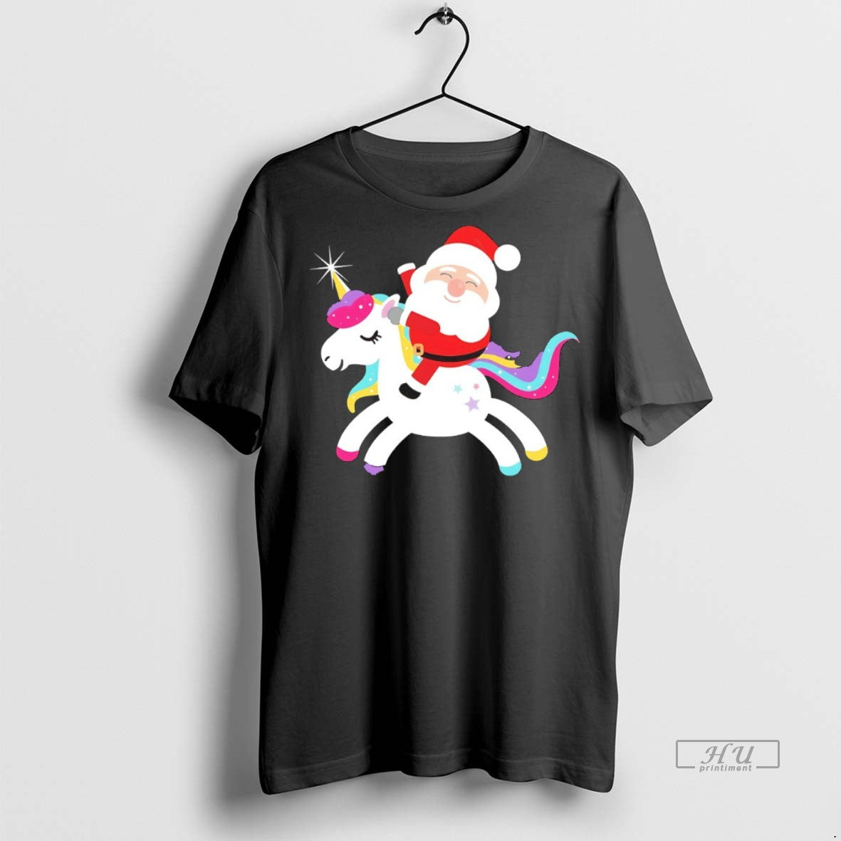 Officials Cute Santa Riding Unicorn Rainbow Christmas Graphic Tee Shirt Sweater