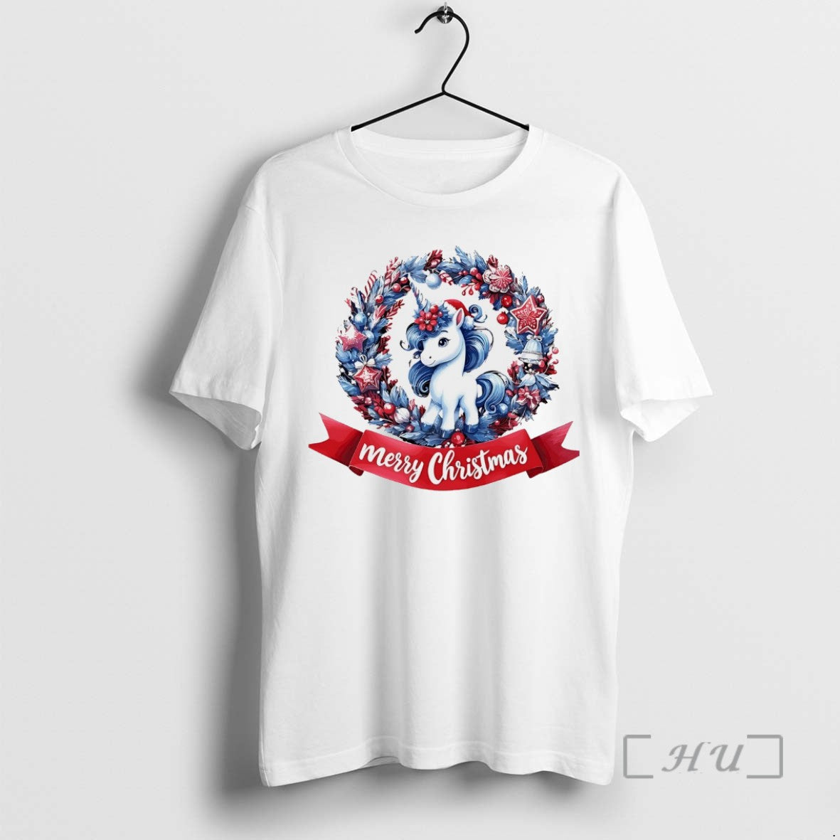 Officials Unicorn Magic Blue Wreath Merry Christmas White