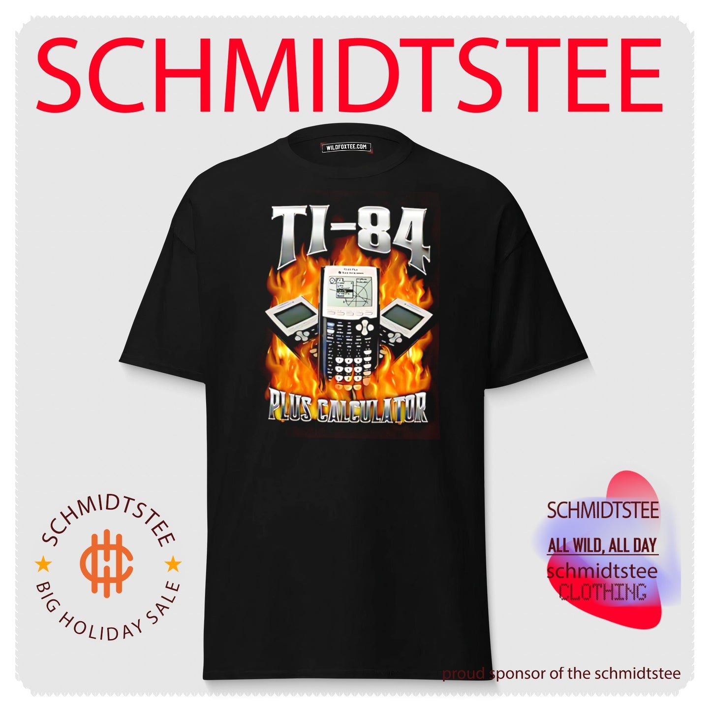 TI-84 Plus calculator with flaming calculator graphic shirt