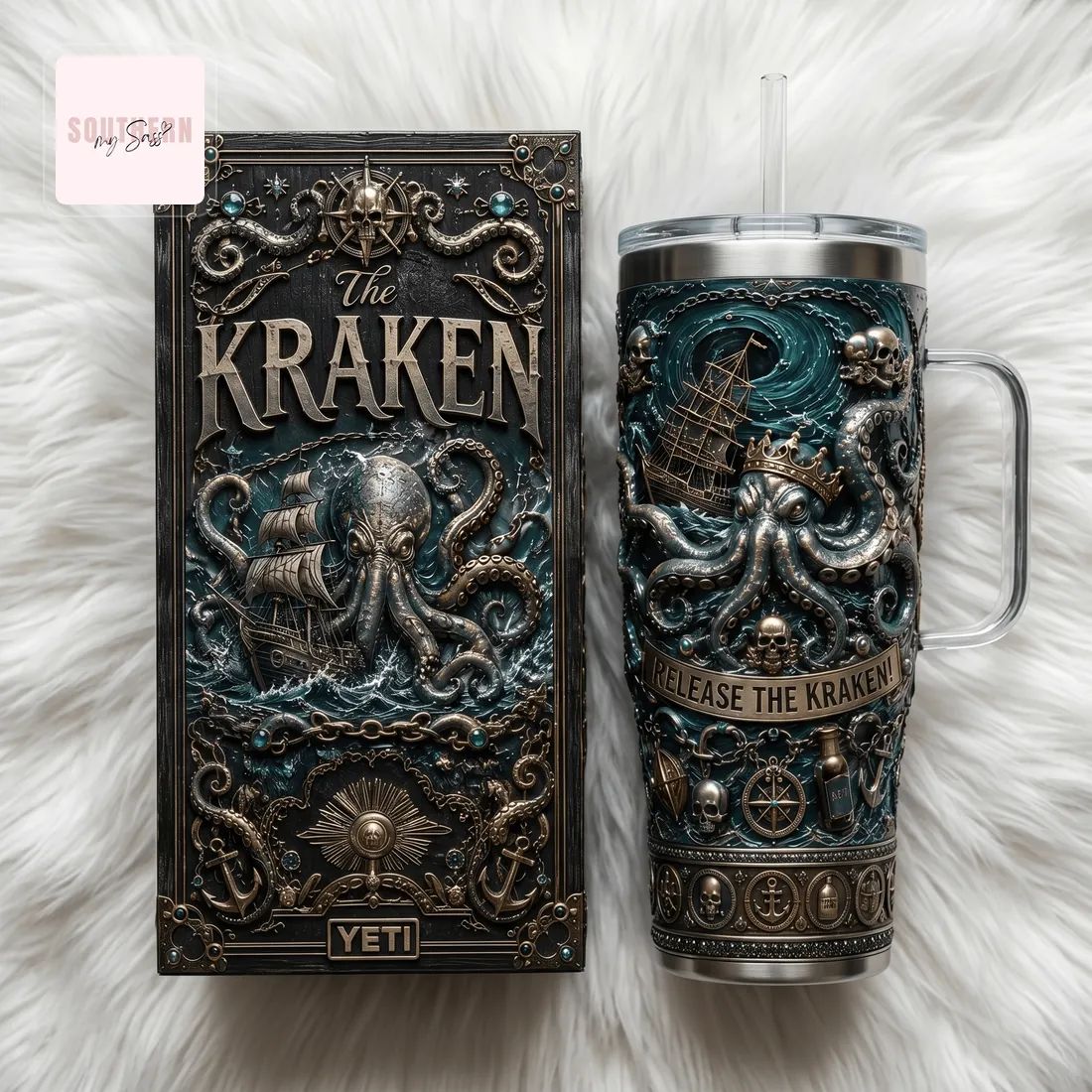 Premium Kraken Octopus 3D Embossed 40oz Insulated Tumbler With Handle