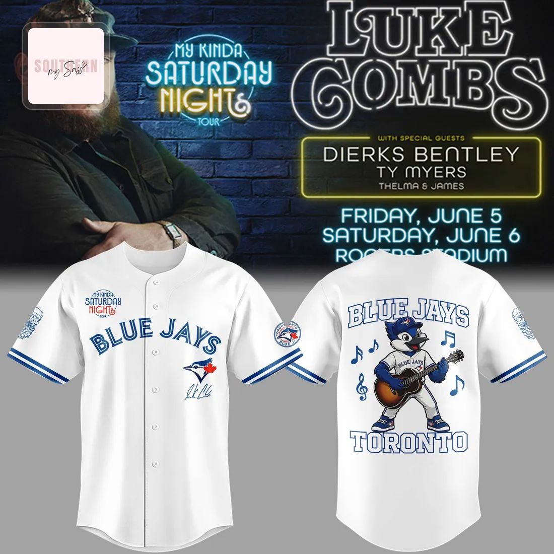 Luke Combs My Kinda Saturday Night Tour Toronto Blue Jays Baseball Jersey