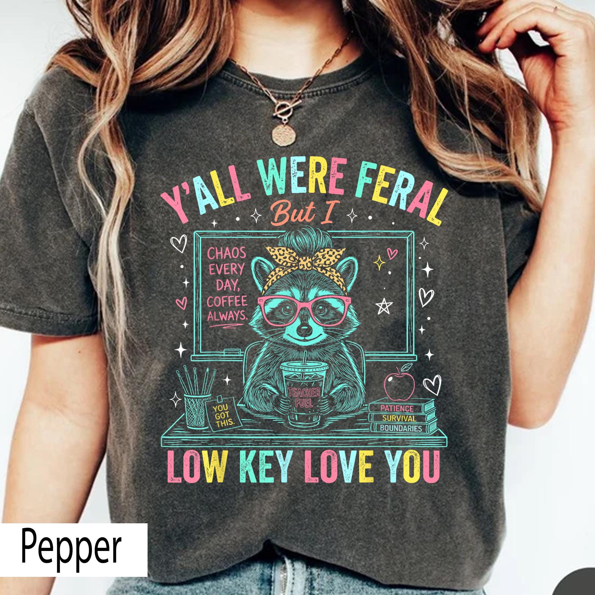 Teacher Raccoon Feral Low Key Love Tee Retro Teacher Comfort Colors Chaos Classroom (1)