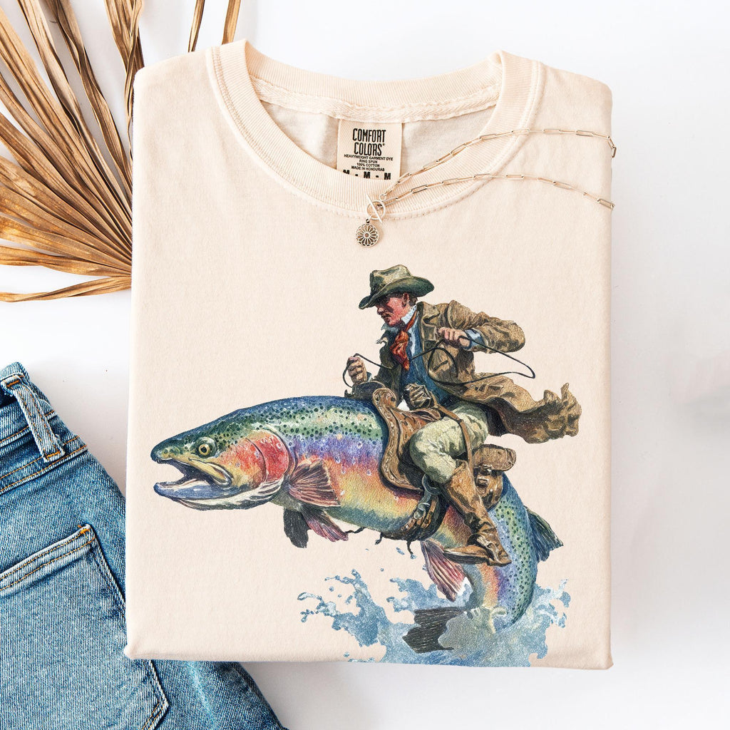 Cowboy Riding Rainbow Trout Genuine Comfort Colors Cowboy Fishing Club Rodeo (1)