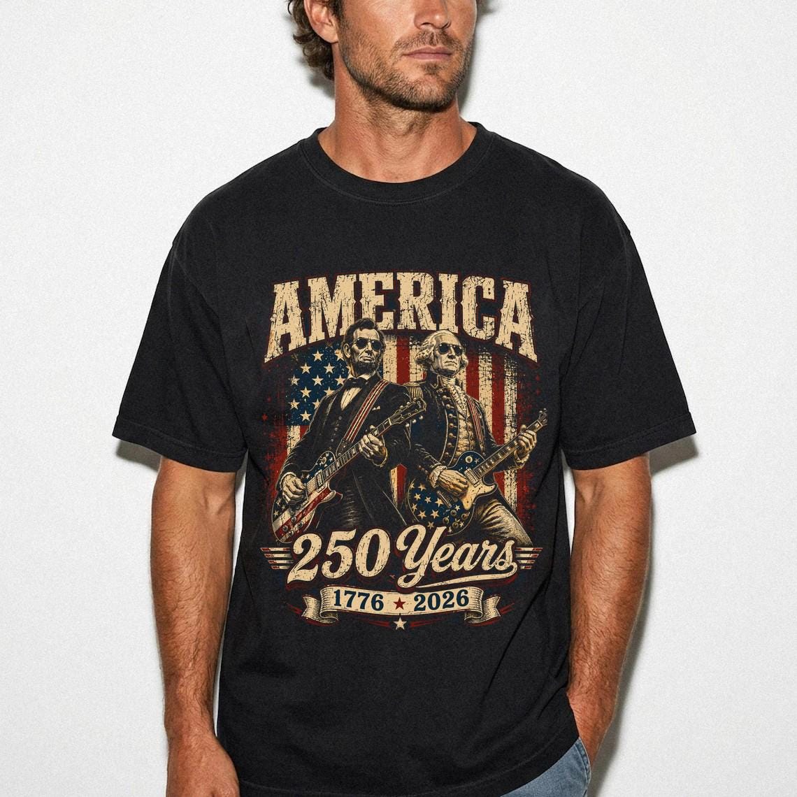 George Washington Lincoln Playing Guitar Abe Lincoln 250th Comfort Colors Patriotic 4th July Tee American Flag Rock (2)