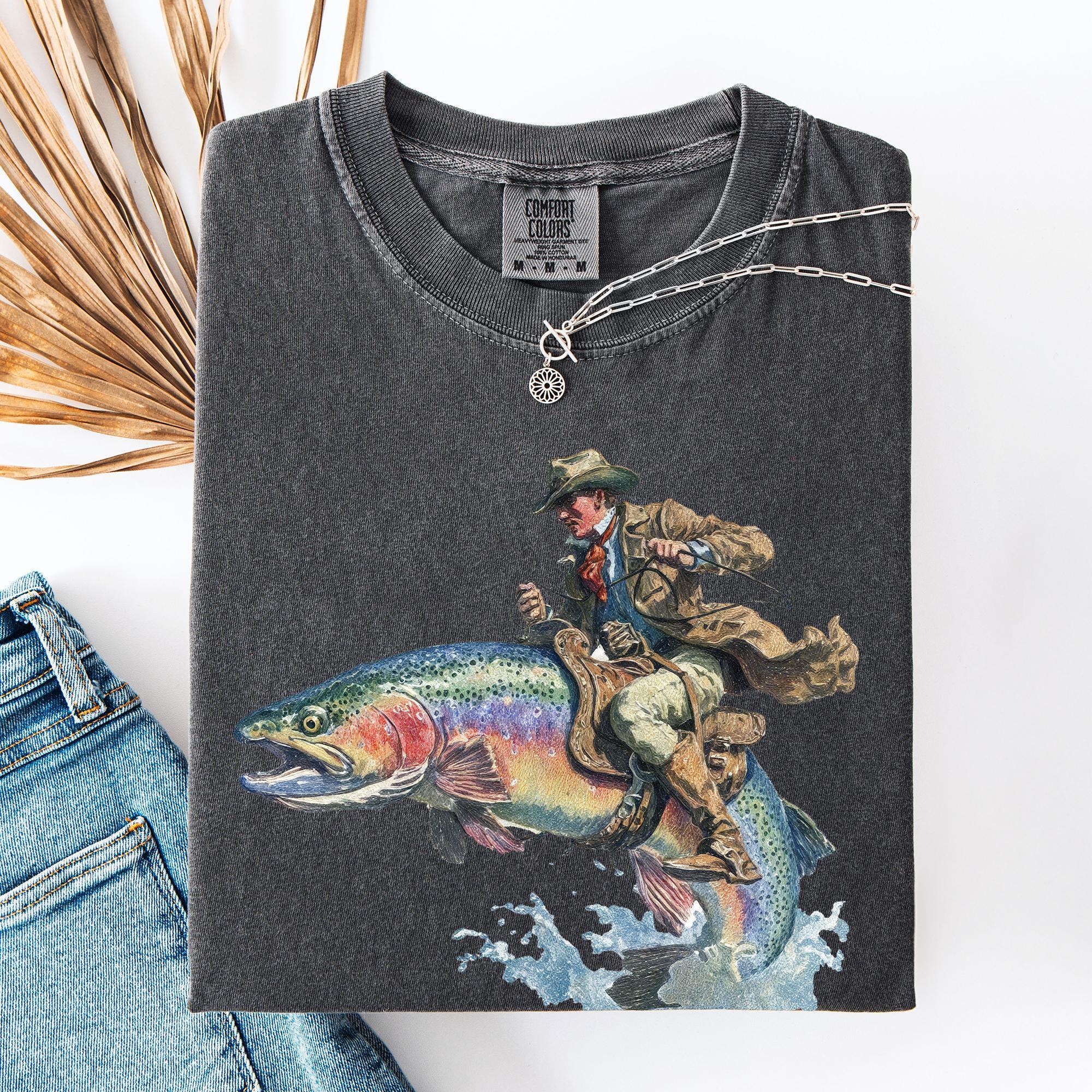 Cowboy Riding Rainbow Trout Genuine Comfort Colors Cowboy Fishing Club Rodeo (2)