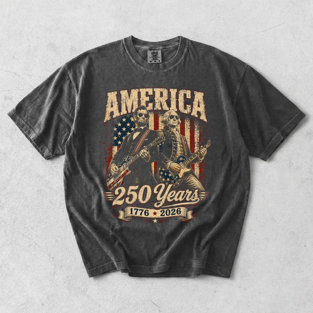 George Washington Lincoln Playing Guitar Abe Lincoln 250th Comfort Colors Patriotic 4th July Tee American Flag Rock (3)