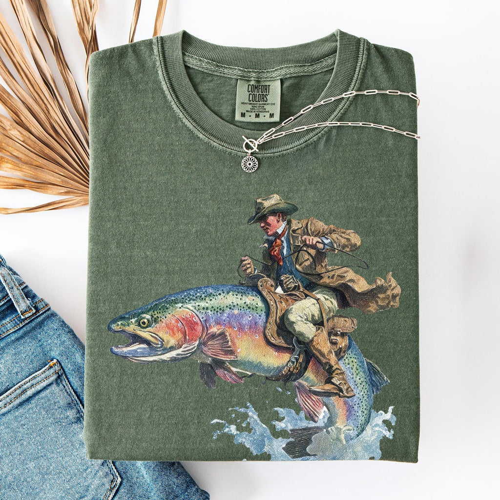 Cowboy Riding Rainbow Trout Genuine Comfort Colors Cowboy Fishing Club Rodeo (3)