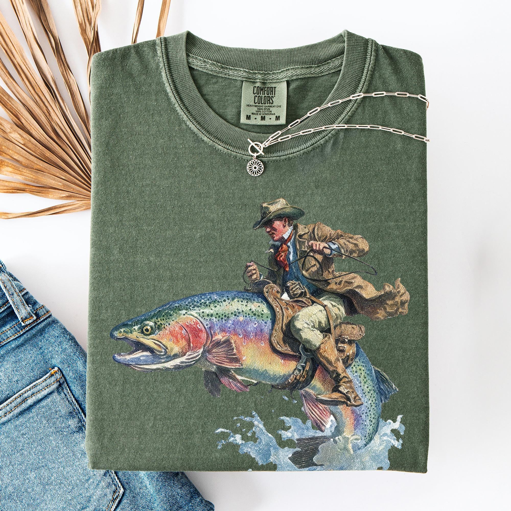 Cowboy Riding Rainbow Trout Genuine Comfort Colors Cowboy Fishing Club Rodeo (3)