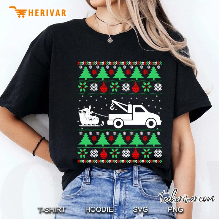 Santa Riding Sleigh Tow Truck Driver Christmas Ugly Sweater