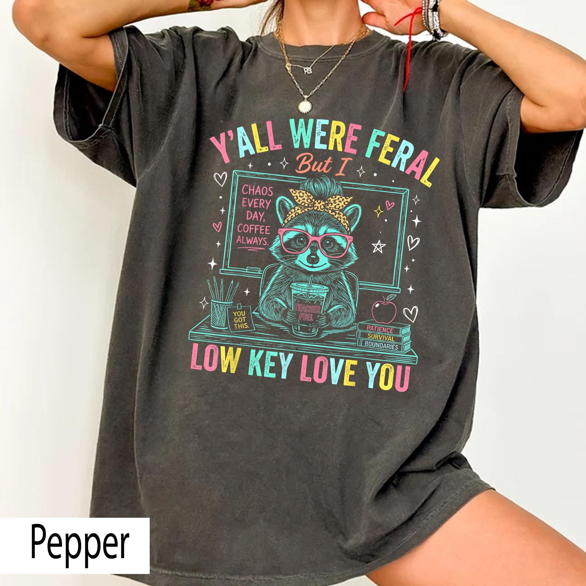 Teacher Raccoon Feral Low Key Love Tee Retro Teacher Comfort Colors Chaos Classroom (4)