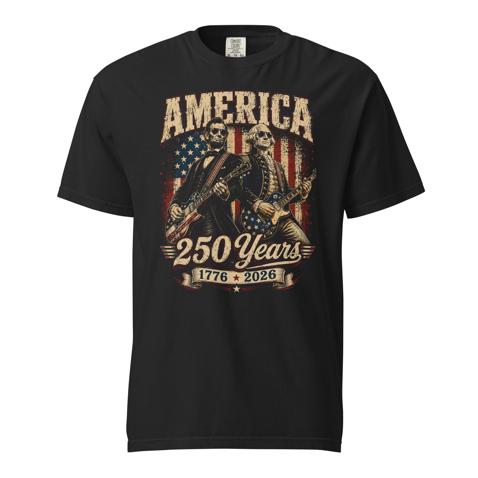 George Washington Lincoln Playing Guitar Abe Lincoln 250th Comfort Colors Patriotic 4th July Tee American Flag Rock (4)