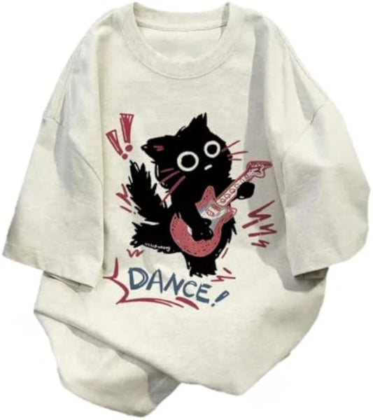 Women Vintage T-Shirt Y2K Cat Graphic Harajuku Tee Tops Summer Emo Grunge Oversized Streetwear Preppy Gothtic Clothes