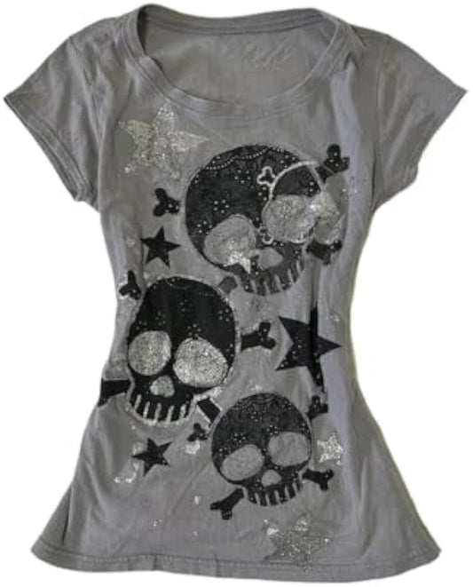 Y2K Grunge T-Shirt Vintage Skull Star Graphic Baby Tee Alt Punk Short Sleeve Crop Top 90s Harajuku Emo Streetwear