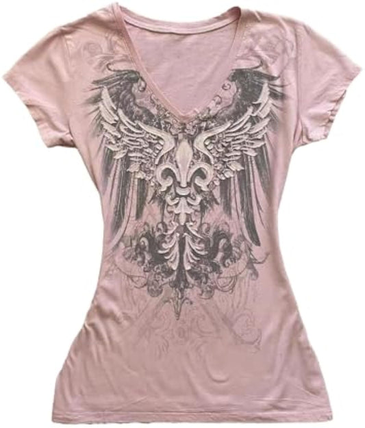 Womens Y2K Gothic Graphic V-Neck Slim Fit T-Shirt Grunge Vintage Short Sleeve Trendy Crop Tops