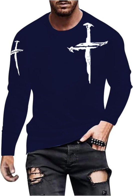Mens Graphic T-Shirts Jesus Cross Vintage Print Casual Faith T-Shirts Summer Long Sleeve Crew Neck Christian Tops