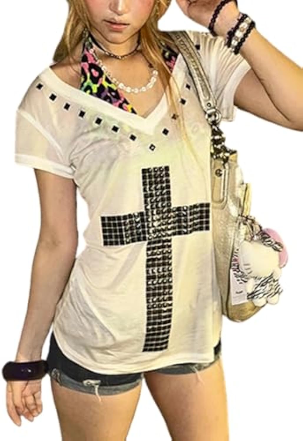 Gyaru Clothes Oversized Cross Print T-Shirt Y2k Vintage Alt Scene Emo Clothes 2000s Clothing Grunge Harajuku