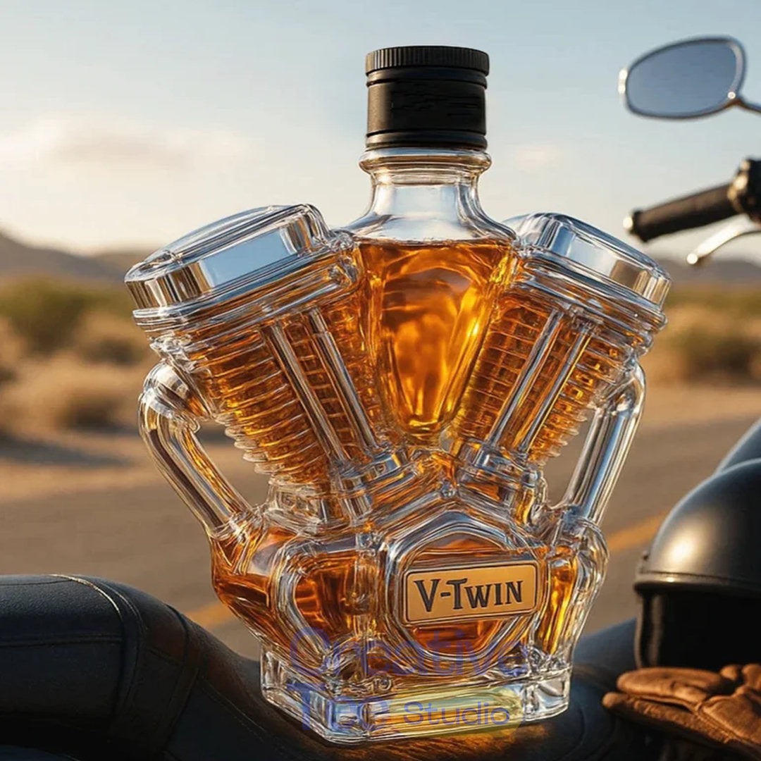 V-Class Motorcycle Engine ‘Unleaded’ Glass Whiskey Bottle
