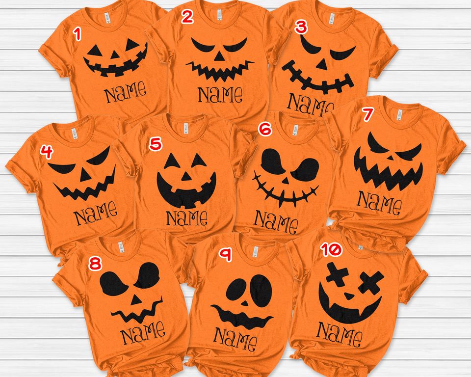 Pumpkin Face Custom Name Shirt, Halloween Family Group Shirt
