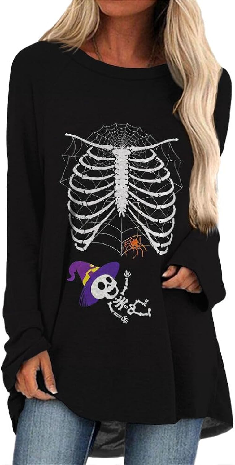 Womens Halloween Print Skull Shirts Long Sleeve Crewneck Loose Fit Casual Tunic Tops Fall Outfits for Women 2025 Trendy Shirts Festival Fashion Graphic Pullover Tops Skull Print 06 2XL