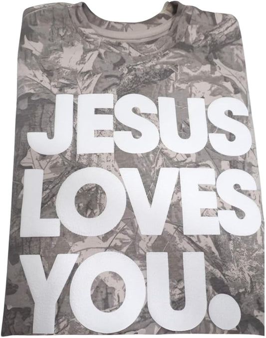 Camo Oversized T-Shirt – “Jesus Loves You” Puff Letter Effect | Streetwear Faith Tee