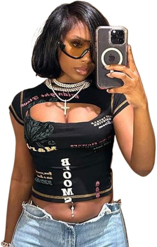 Summer Sexy Women's Letter Print Crop Top Crew Neck Short Sleeve T-Shirt Y2k Cut Out Baby Tee Punk Goth Graphic