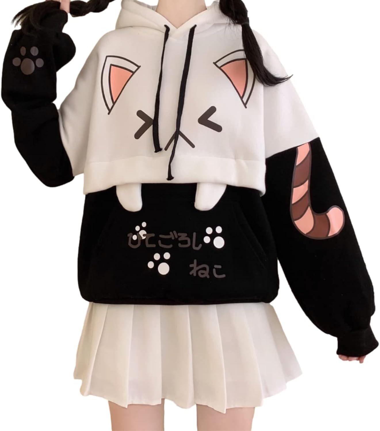 Cute Cat Graphic Hoodies Pullover Teens Japanese Kawaii Anime Print Hooded Sweatshirt Fashion Tops