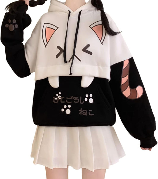 Cute Cat Graphic Hoodies Pullover Teens Japanese Kawaii Anime Print Hooded Sweatshirt Fashion Tops