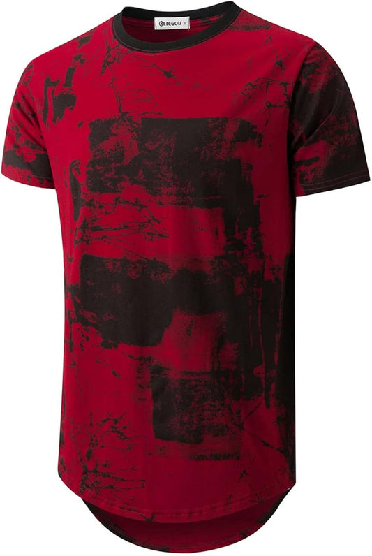 Mens Hipster Hip Hop Ripped Round Hemline Pattern Print T Shirt