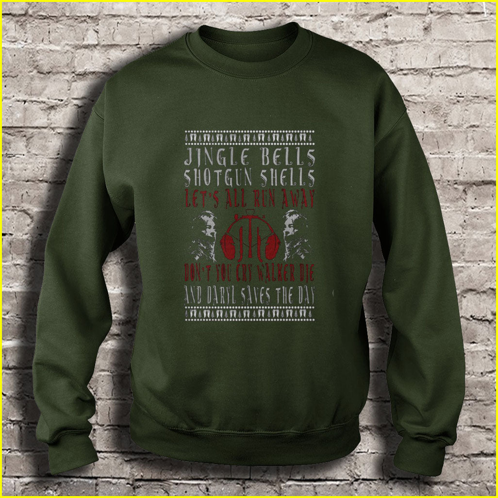 Jingle Bells Shotgun Shells Don’t you cry walker die and Daryl saves the day Ugly Christmas Sweater