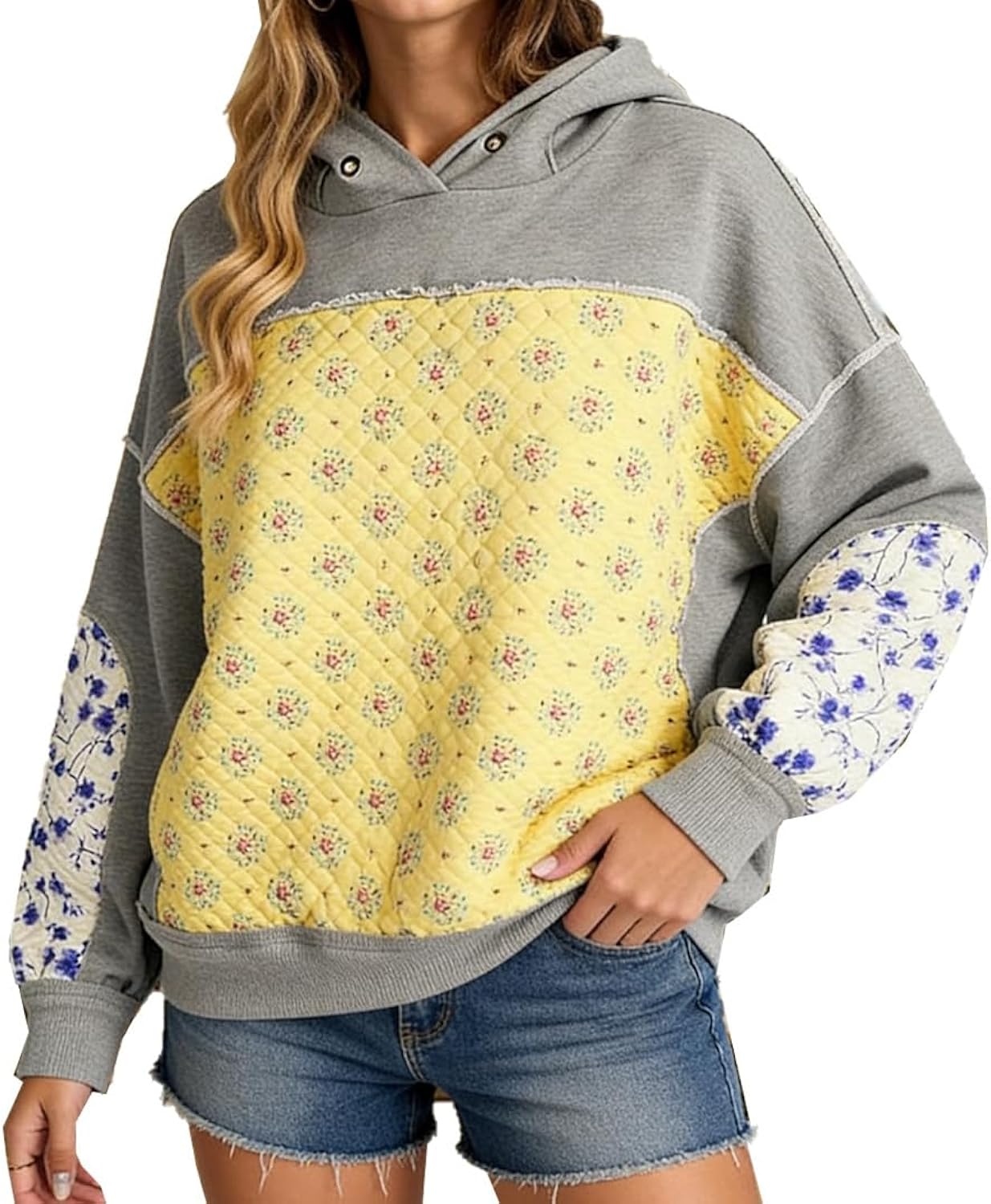 Women's 2026 Spring Pullover Hoodies Loose Oversized Flower Patchwork Long Sleeve Graphic Preppy Black Sweatshirts