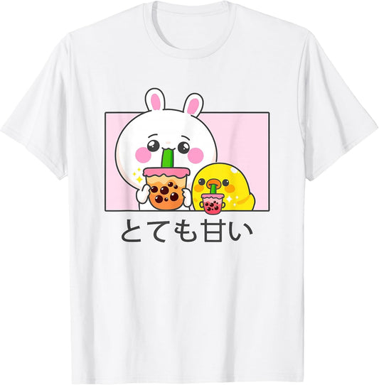Kawaii Cute Anime Rabbit and Duck Drinking Bubble Tea T-Shirt