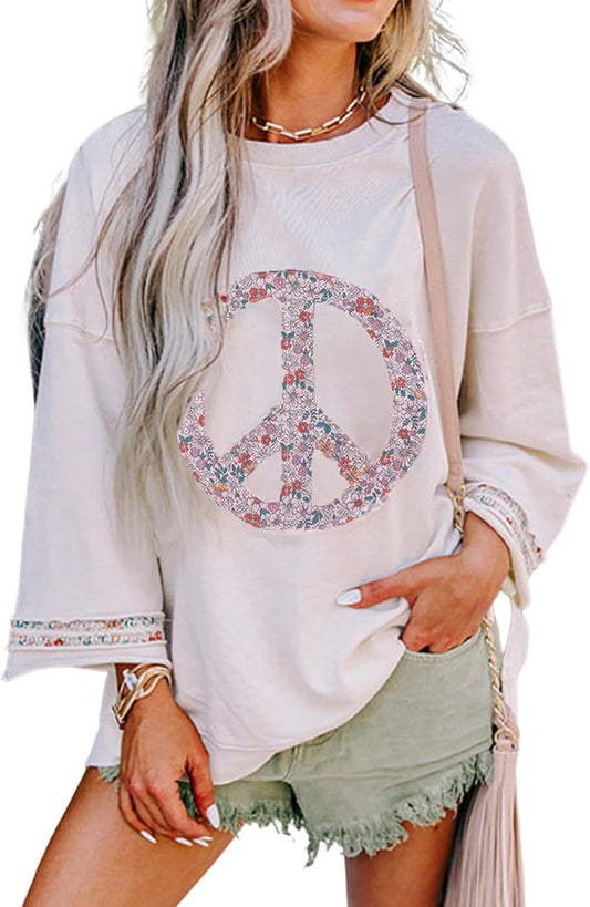 Womens Floral Peace Symbol Drop Shoulder Sweatshirt Oversize Crewneck Casual Pullover (Runs Large, Size Down)