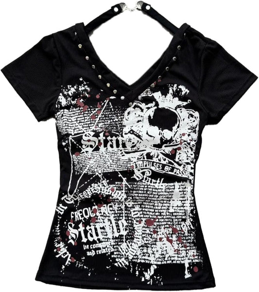 Womens Y2K Skull Gothic Graphic T-Shirt Vintage Slim Fit Grunge Print Tops Crew Neck Streeetwear Crop Top