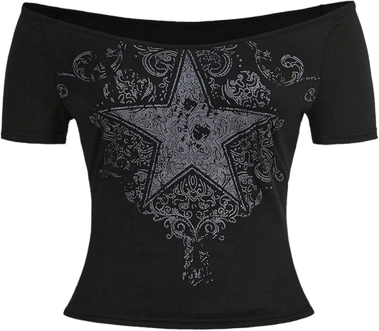 Women's Plus Size Goth Y2K Off The Shoulder Tops Star Graphic Tees Short Sleeve Vintage T Shirts