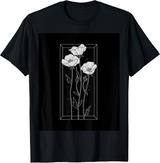 Chic Florals Black and White Minimalist Flowers T-Shirt