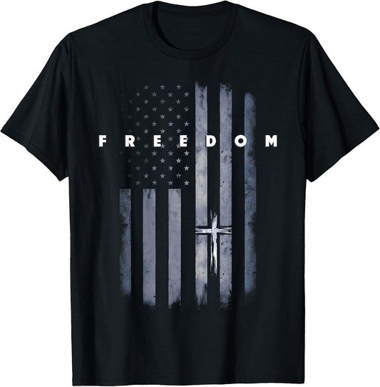 Grunge American Flag and Cross Faith Family Freedom T-Shirt