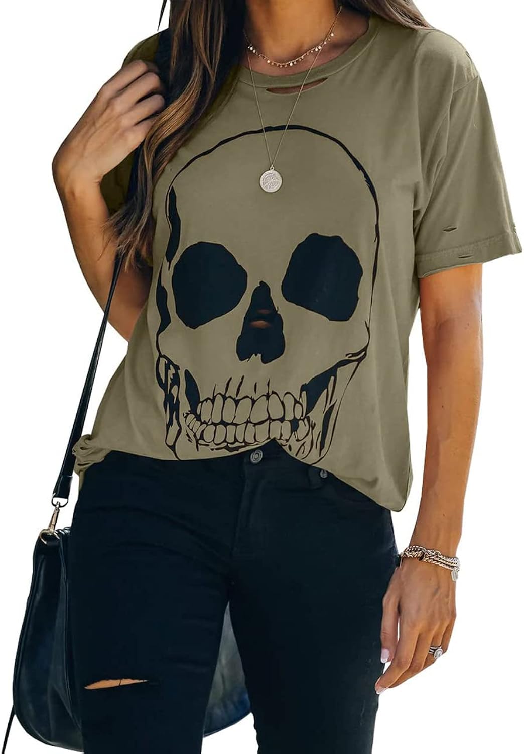 Summer Cotton Graphic Shirts Womens Short Sleeve Crewneck Tees Skull Distressed T Shirt Loose Casual Tops S-XXL