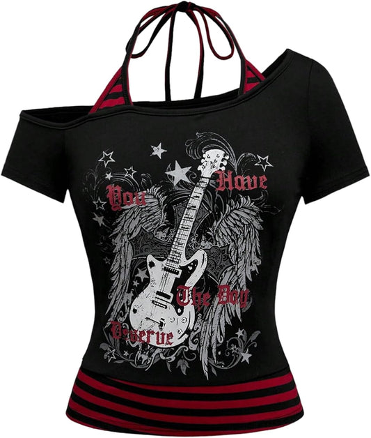Women's Asymmetrical Neck Gothic Tops Grunge Graphic Tees Striped Y2K Slim Fit Halter Tops