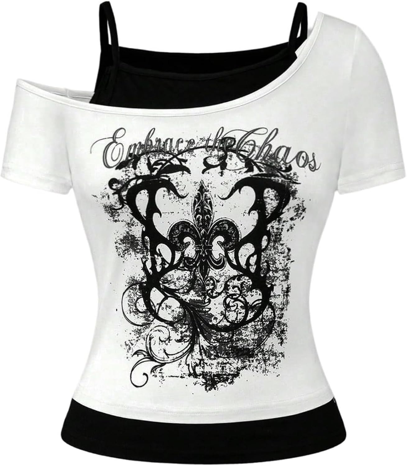 Women's Y2k Goth Graphic Tees Cold Shoulder Short Sleeve T Shirt Color Block Summer Tops