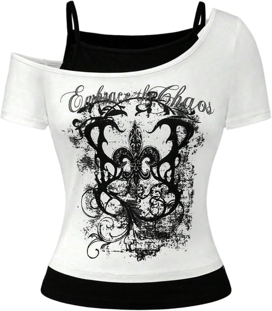Women's Y2k Goth Graphic Tees Cold Shoulder Short Sleeve T Shirt Color Block Summer Tops