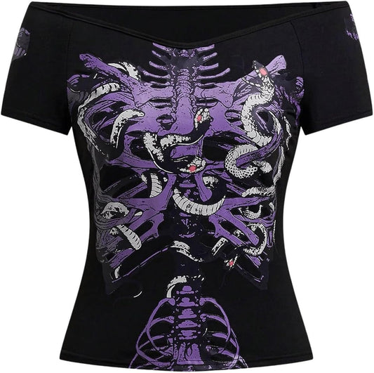 Women's Goth T Shirts Emo Off The Shoulder Y2K Grunge Graphic Tees Short Sleeve Tight Fitted Crop Tops