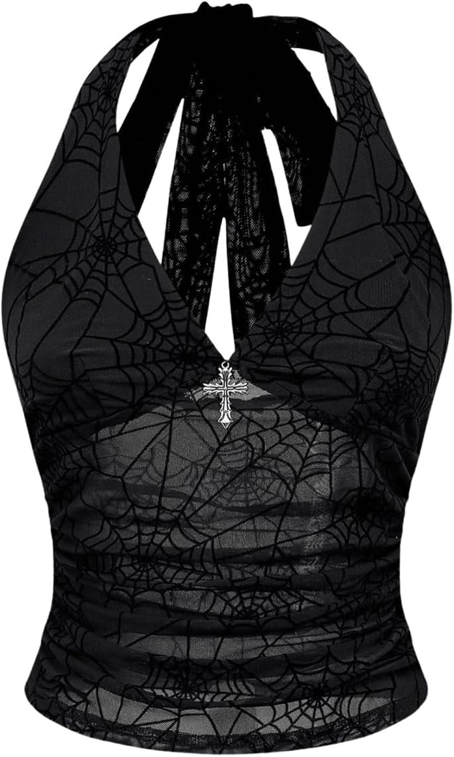 Women's Y2k Gothic Goth Halter Top Mesh Sheer Backless Going Out Tops Emo Grunge Clothes Rave Outfits