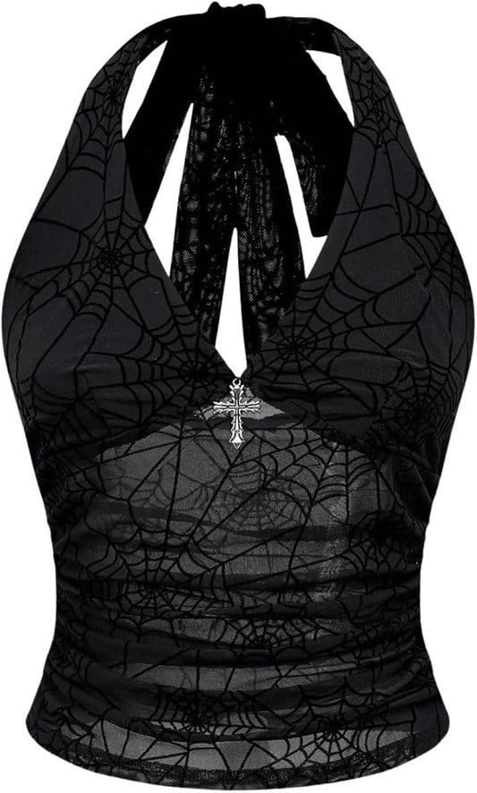 Women's Y2k Gothic Goth Halter Top Mesh Sheer Backless Going Out Tops Emo Grunge Clothes Rave Outfits
