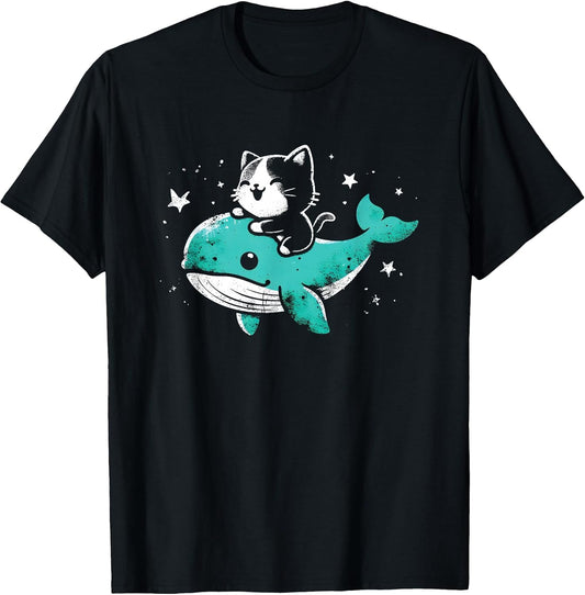 Cat Riding A Whale - Funny Cute Kawaii Graphic Kitten Lover T-Shirt