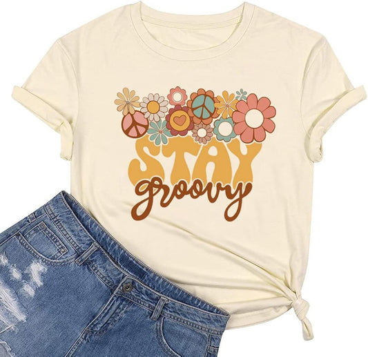 Stay Groovy Shirt for Women Retro Floral Graphic T-Shirt Cute Flower Hippie 70s Disco Outfits Casual Short Sleeve Tee Tops