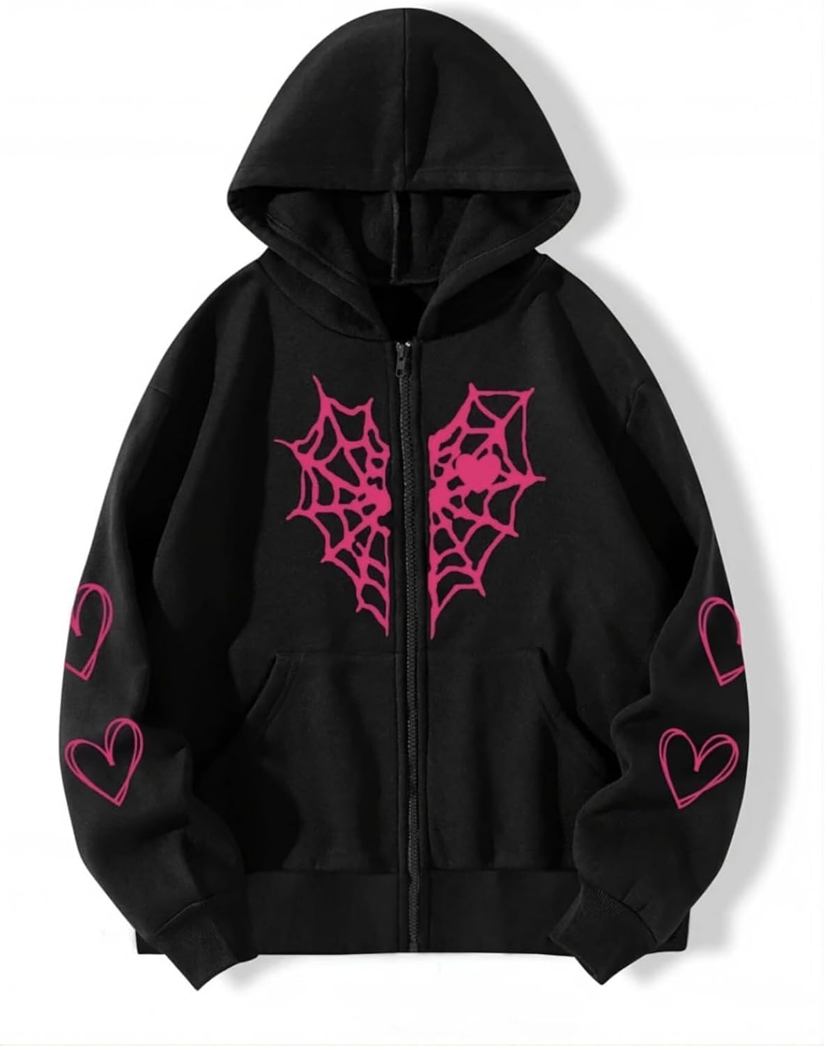 Oversized Y2K Zip Up Hoodie for Women Men Gothic Spider Web Heart Graphic Sweatshirt Punk Harajuku Alt Emo Streetwear