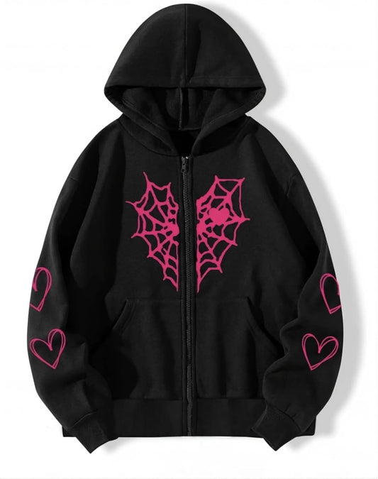 Oversized Y2K Zip Up Hoodie for Women Men Gothic Spider Web Heart Graphic Sweatshirt Punk Harajuku Alt Emo Streetwear