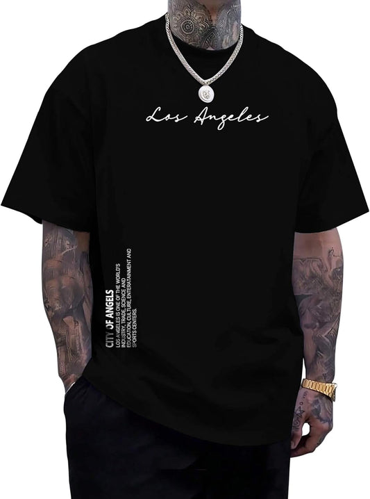 Mens T Shirts Los Angeles Letter Graphic Print Short Sleeve Summer Top 100% Cotton Casual Tees for Men