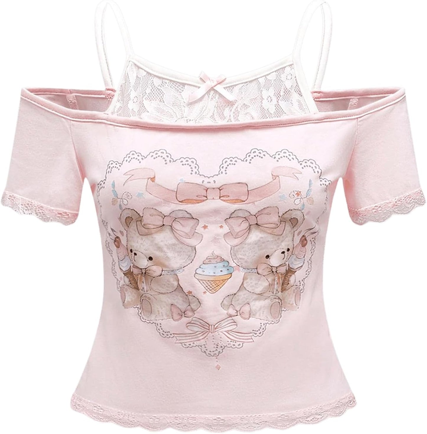 Women's Y2K Coquette Aesthetic Crop Tops Summer Kawaii Clothes Cute Lace Bow Cold Shoulder Graphic Tees